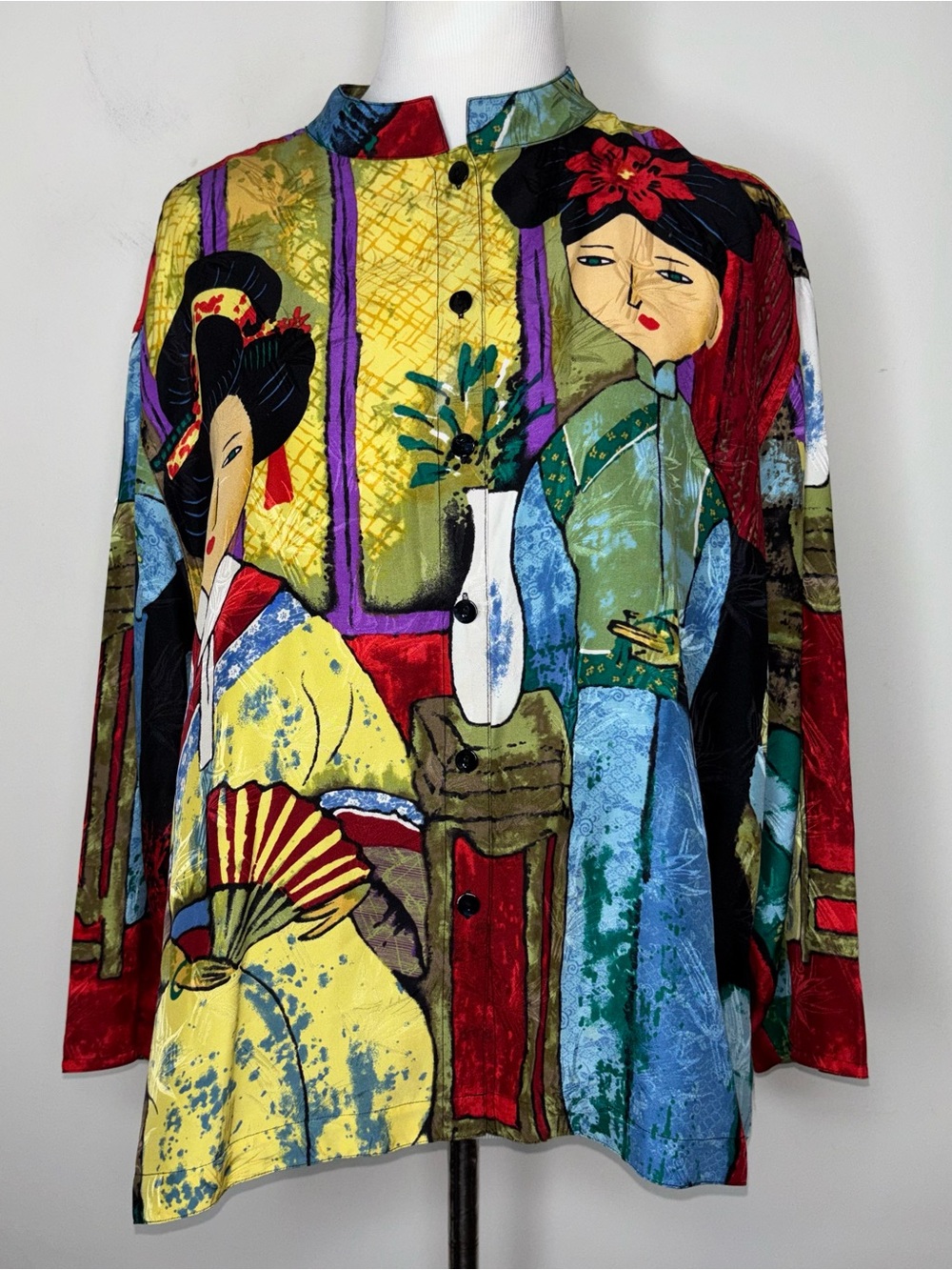 Vintage Chico's Design Japanese Geisha Colorful Silk Blouse Button Art-to-Wear